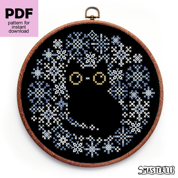 0422 Christmas cat and snowflakes cross stitch pattern PDF by Smasterilli 1.JPG