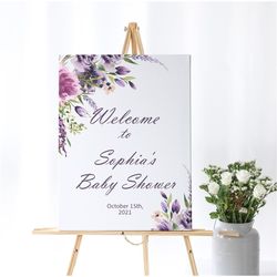 Lavender Welcome Sign, EDITABLE Template, Violet Floral Baby Shower, Printable Bridal Brunch Sign, Purple Flovers Poster