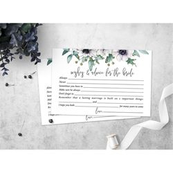 eucalyptus advice for the bride-to-be cards, printable anemones bridal shower wishes and advice card, greenery bridal sh