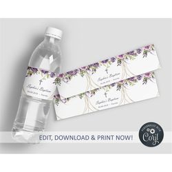 lavender baptism water bottle label, editable, floral water labels, printable birthday template, custom purple, baby, in