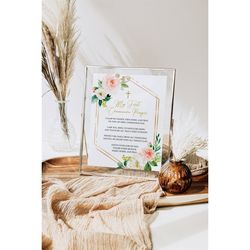 first communion prayer sign, editable pink & white flowers printable girl communion template, personalized prayer card,