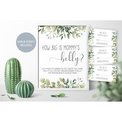 Greenery How Big is Mommy's Belly Game, Printable Baby Shower Game Sign and Answer Cards, Green Leaf Neutral, Animals Ga