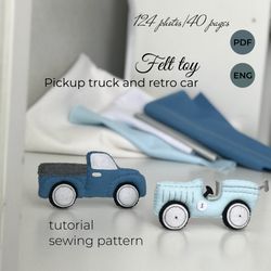 Sewing Pattern PDF, DIY Felt Toys, Tutorial sewing, Felt car pattern, felt retro racing car, felt pickup truck