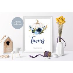 blue pumpkin baby shower favors sign, printable table party decorations, navy & white floral brunch template, fall autum