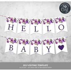 Editable Purple Alphabet Banner Template, Printable Floral Baby Shower Decorations, Bridal Brunch Flags, Birthday, Weddi