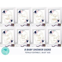 Navy Blue & Blush Pink Floral Baby Shower Sign Pack, EDITABLE Template, Custom Package, Printable Rose Flowers Baby Spri