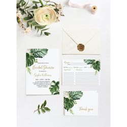 greenery bridal shower invitation set, editable template, tropical printable brunch invite suite, green & gold card bund