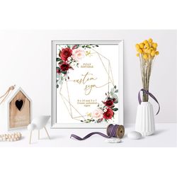 marsala & blush pink floral unlimited shower signs, editable template, burgundy flowers and gold custom sign, printable,