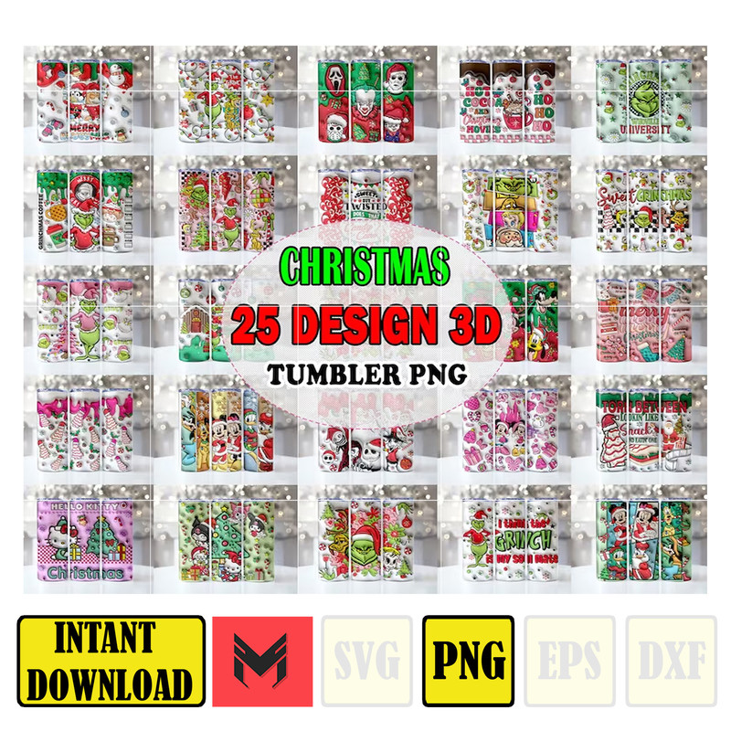 25 Designs 3D Christmas Tumbler Sublimation, 20oz Skinny Tumbler Bundle Wrap, Cartoon Funny Christmas Design Tumbler PNG Bundle Digital.jpg