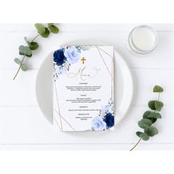 navy blue & gold floral baptism menu, editable template, printable blue rose wedding, flower bridal brunch, gold frame b