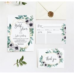 eucalyptus & anemone bridal shower invitation set, editable, greenery brunch invite, printable template, floral bundle,