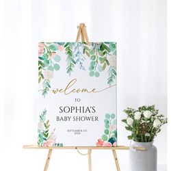 Greenery Welcome Sign, EDITABLE, Pink & White Rose Floral Baby Shower, Eucalyptus Bridal Brunch, Printable Large Wedding