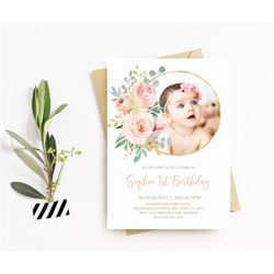 Blush Pink Baby's First Birthday Party Invitation, EDITABLE Template, Floral Printable 1st Birthday Invite, Girl, Gold,