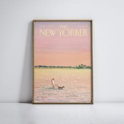 new yorker magazine cover, new yorker print, fisherwoman and dog print, new yorker poster, muted lake oil painting, vint