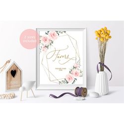 Blush Pink Flowers Shower Favors Sign, Printable Party Card, Boho Floral Girl Baptism Template, Gold Frame Baby Brunch,