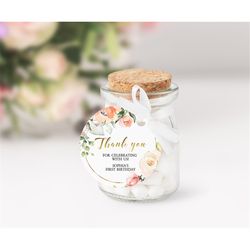 peach floral favor tag template, editable, boho round thank you stickers, printable birthday favour tag, cream rose show