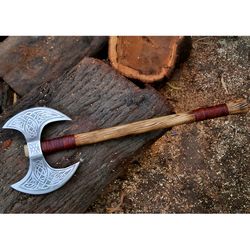 axe of the ancients: handmade double-headed viking axe with custom two blades & forged carbon steel