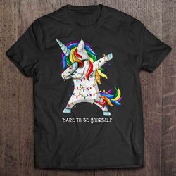 dare to be yourself dabbing unicorn with christmas lights shirt