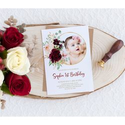 Burgundy & Blush Pink Baby's First Birthday Party Invitation, EDITABLE Template, Floral Printable 1st Birthday Invite, B