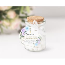blue & purple flowers first communion thank you tag, editable template, round rose flowers favor stickers, gold frame ba