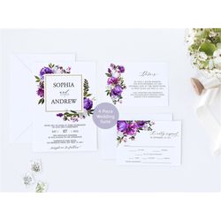 purple floral wedding invitation set, editable template, printable violet flowers invite, rsvp and details, wedding bund