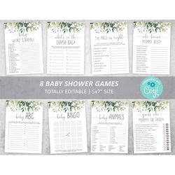 Greenery Baby Shower Game Set, EDITABLE Template, Green Leaves Games Bundle, Neutral Party Activities, Printable Floral,