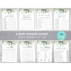 greenery baby shower game set, editable template, green leaves games bundle, neutral party activities, printable floral,