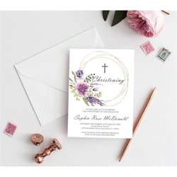 editable christening invitation template, lavender floral printable baptism invitation girl, printable dedication invite
