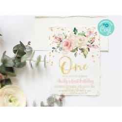 editable blush pink floral baby's first birthday party invitation, printable 1st birthday invite template, gold glitter,