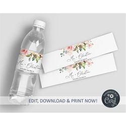 wedding water bottle label, editable template, printable blush pink floral label, custom water bottle label, bridal show