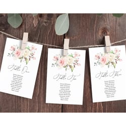 wedding seating chart small pages, editable template, boho find your seat cards, diy blush pink flowers printable plan,
