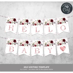 marsala & rose gold alphabet banner template, editable, printable baby shower decorations, floral brunch flags, birthday
