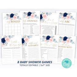 Blush Pink & Navy Floral Baby Shower Game Set, EDITABLE Template, Elegant Baby Shower Game Bundle, Blue Rose and Gold Pr