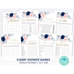 blush pink & navy floral baby shower game set, editable template, elegant baby shower game bundle, blue rose and gold pr