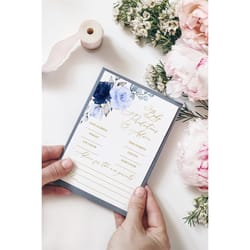 navy blue floral & gold baby predictions and advice game, editable, printable bohemian, brunch activities, flowers showe