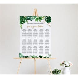 tropical seating chart, editable, table poster, greenery diy printable template, green leaf large wedding seating plan,