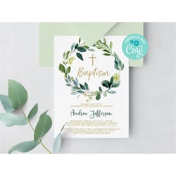 greenery baptism invitation, editable printable template, eucalyptus baptism invite, boy dedication, neutral, gold, inst