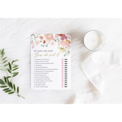 wildflower he said she said shower game, editable printable boho red & pink flowers template, floral bridal brunch activ