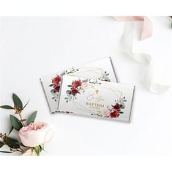 marsala & blush pink flowers baptism chocolate bar wrapper, editable template, printable floral candy bar wrapper, red r
