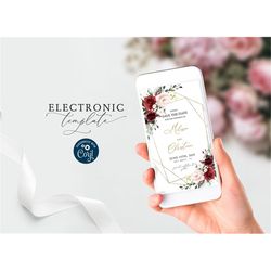 marsala & blush pink floral save the date electronic invitation template, editable digital download, boho red rose, text