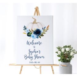 Blue Pumpkin Baby Shower Welcome Sign, EDITABLE Template, Fall Autumn Birthday, Navy & White Flowers Poster, Printable L