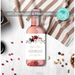 Marsala & Blush Pink Floral Baby Shower  Mini Wine Label, Printable Thank You Mini Wine Label Template