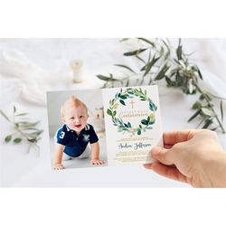 greenery photo first holy communion invitation, editable template, floral green & gold printable neutral baptism invite,