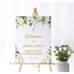 white flowers welcome sign, editable template, first holy communion floral large poster, rose & greenery baptism sign, p