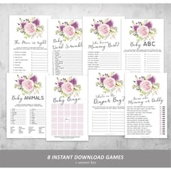 lavender baby shower games bundle, purple floral game set, printable shower game, girl party activities pack, greenery,