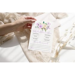 lavender rose baby predictions & advice game, editable floral printable baby brunch game, purple flowers shower template