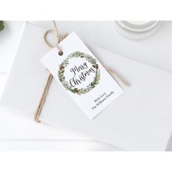 rustic christmas gift tag template, editable, printable merry christmas wreath tags, personalized holiday tags, diy feas