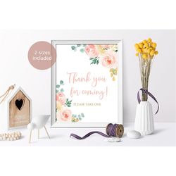 Thank You for Coming! Favors Sign, Printable Blush Pink & Gold Baby Shower Favors Sign, Boho Floral Girl Baptism Templat