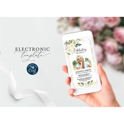 white rose electronic funeral announcement, funeral invitation for smartphones, floral memorial service, editable celebr