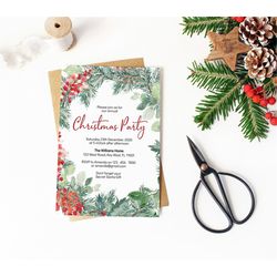 christmas invitation template, editable, printable merry christmas wreath party invite, holiday party, diy feast, joyful